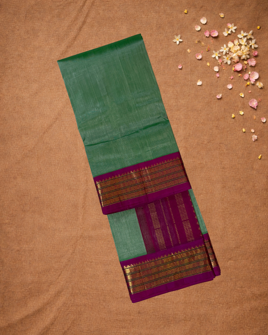 Handloom Korvai Silk Cotton Saree  |  Peacock Teal