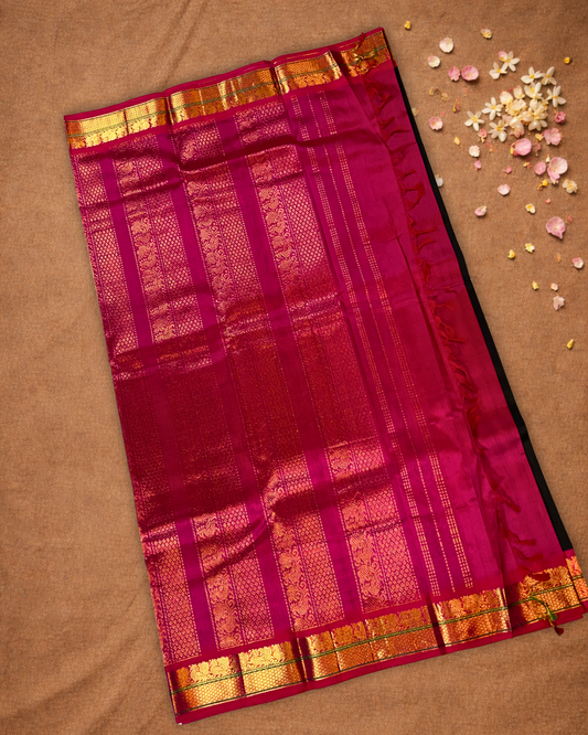 Handloom Korvai Silk Cotton Saree  |  Midnight Black