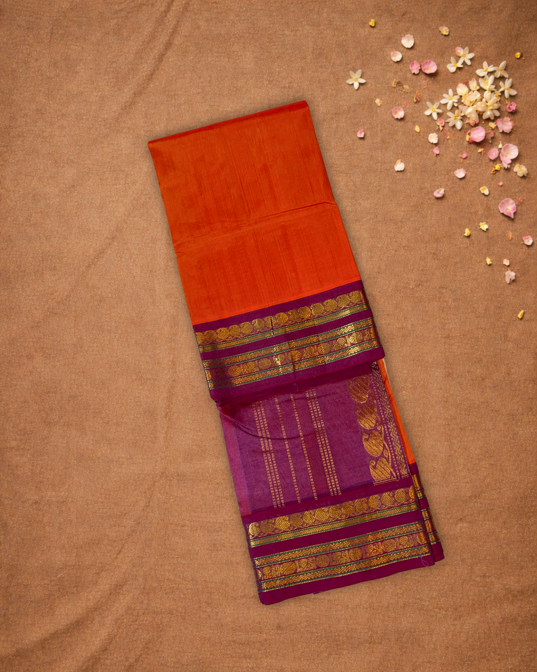 Handloom Korvai Silk Cotton Saree  |  Fire Orange