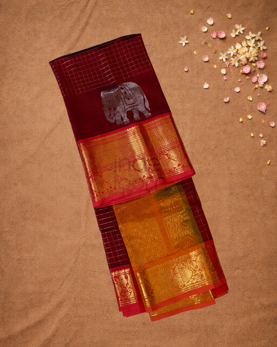 Handloom Korvai Silk Cotton Saree  |  Wine Red