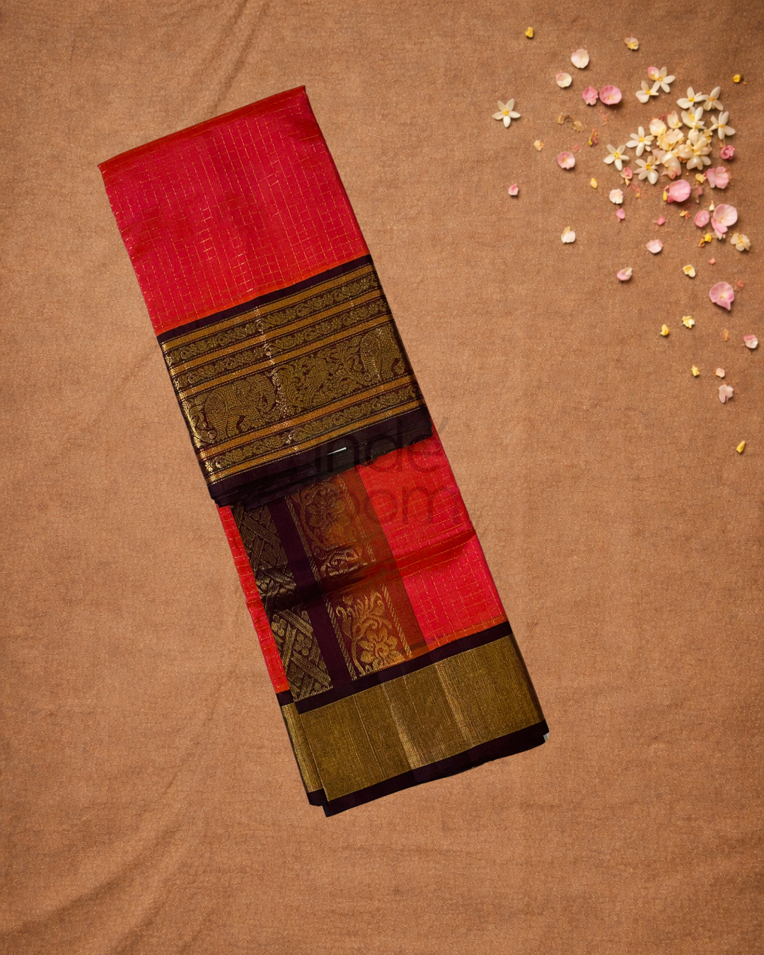 Handloom Korvai Silk Cotton Saree  |  Coral Red