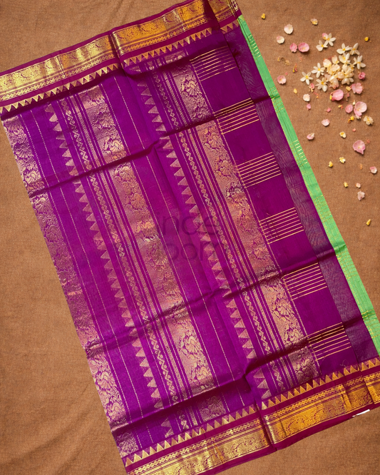 Handloom Korvai Silk Cotton Saree  |  Lime Green
