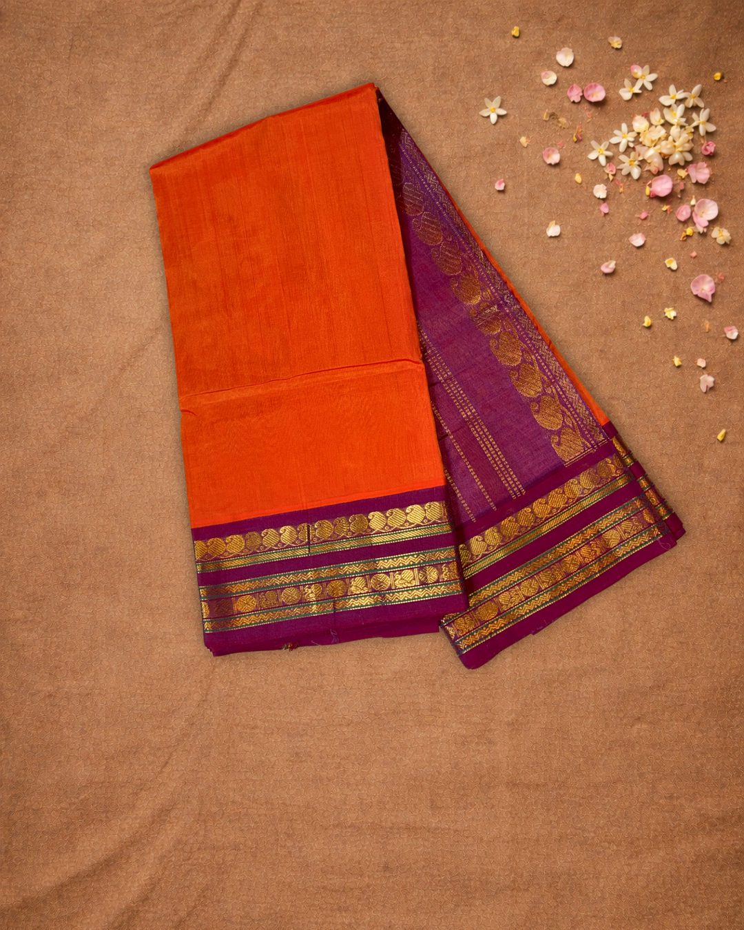 Handloom Korvai Silk Cotton Saree  |  Fire Orange