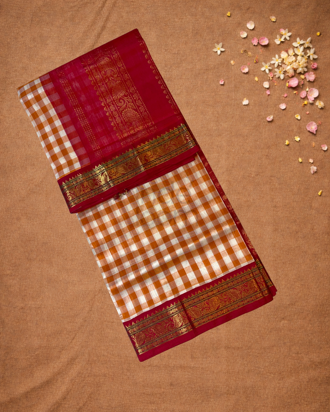 Handloom Korvai Silk Cotton Saree  |  Brick Red