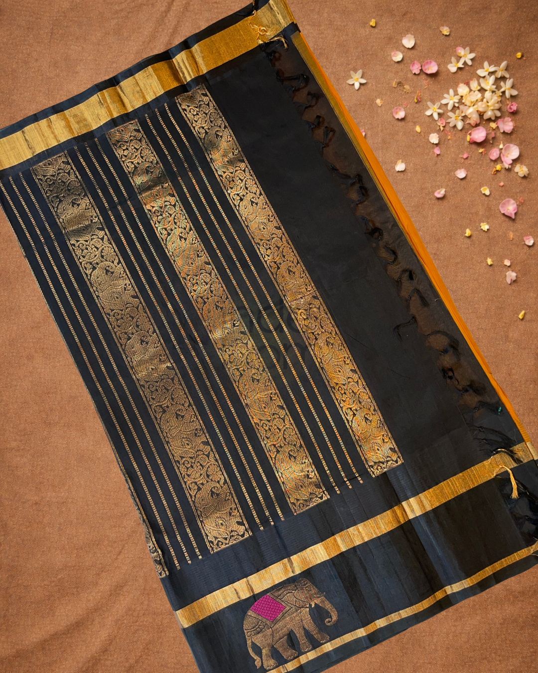 Pure Handloom Korvai Saree | Honey Yellow and Coal Black