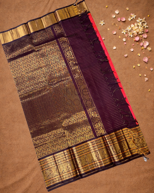 Handloom Korvai Silk Cotton Saree  |  Coral Red