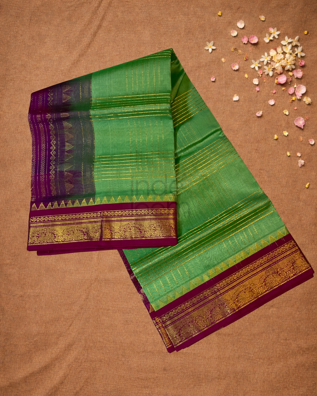 Handloom Korvai Silk Cotton Saree  |  Lime Green