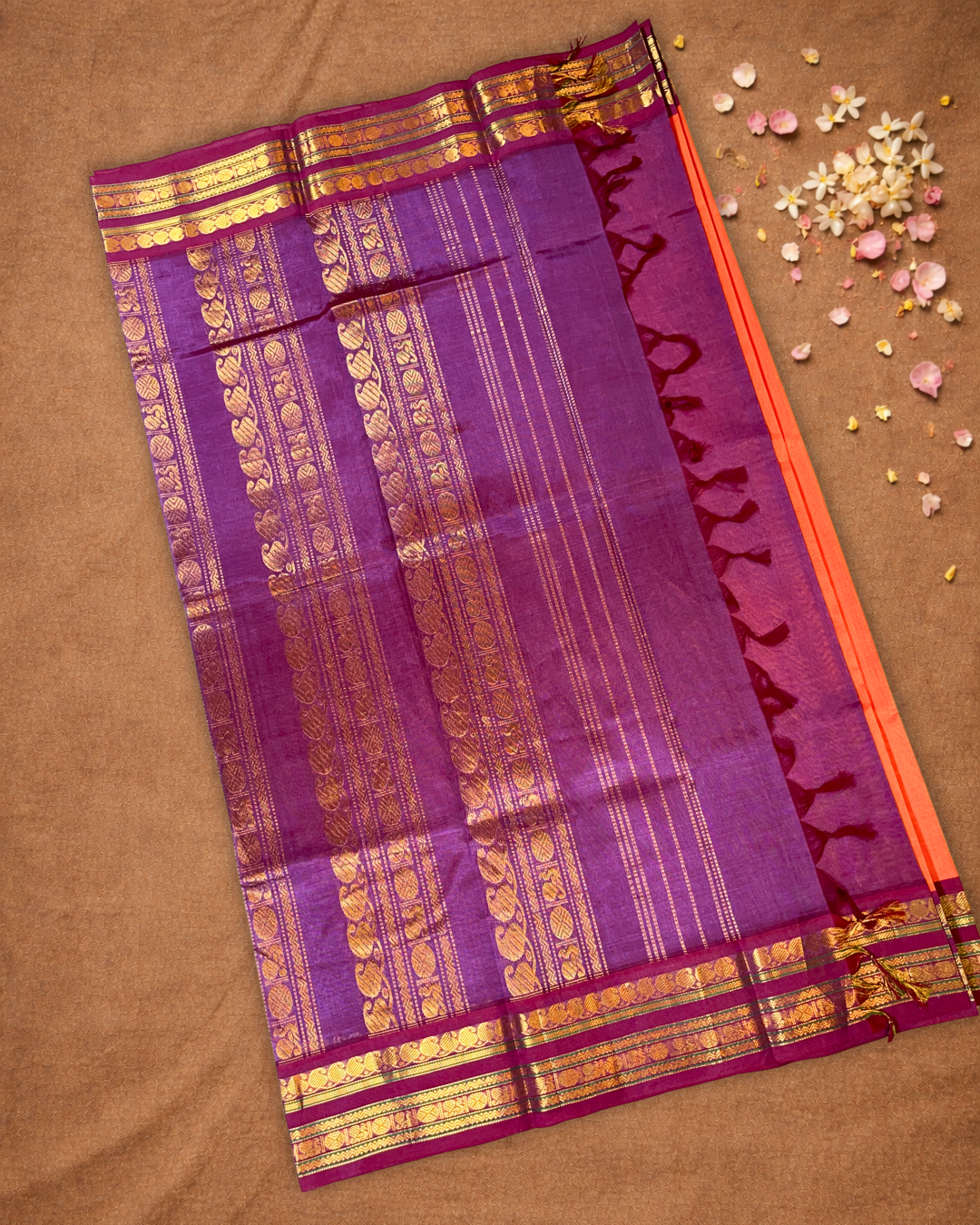 Handloom Korvai Silk Cotton Saree  |  Fire Orange