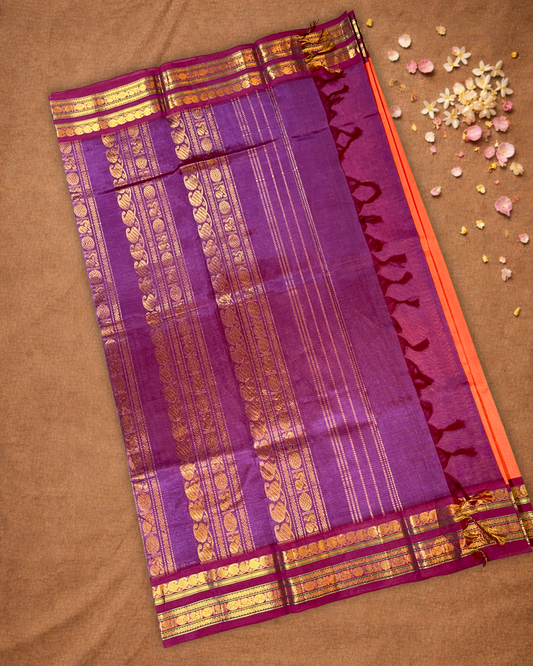 Handloom Korvai Silk Cotton Saree  |  Fire Orange