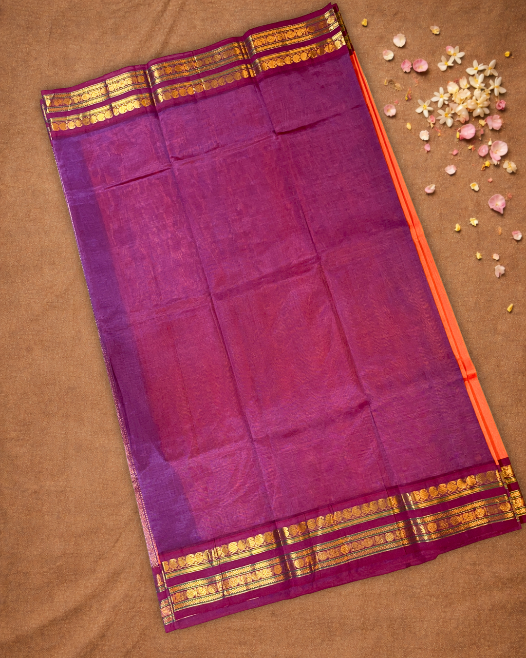 Handloom Korvai Silk Cotton Saree  |  Fire Orange