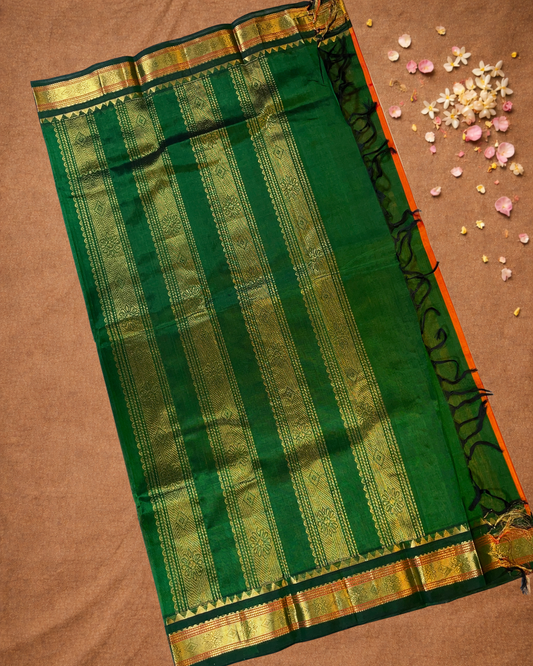 Handloom Korvai Silk Cotton Saree  |  Fire Orange