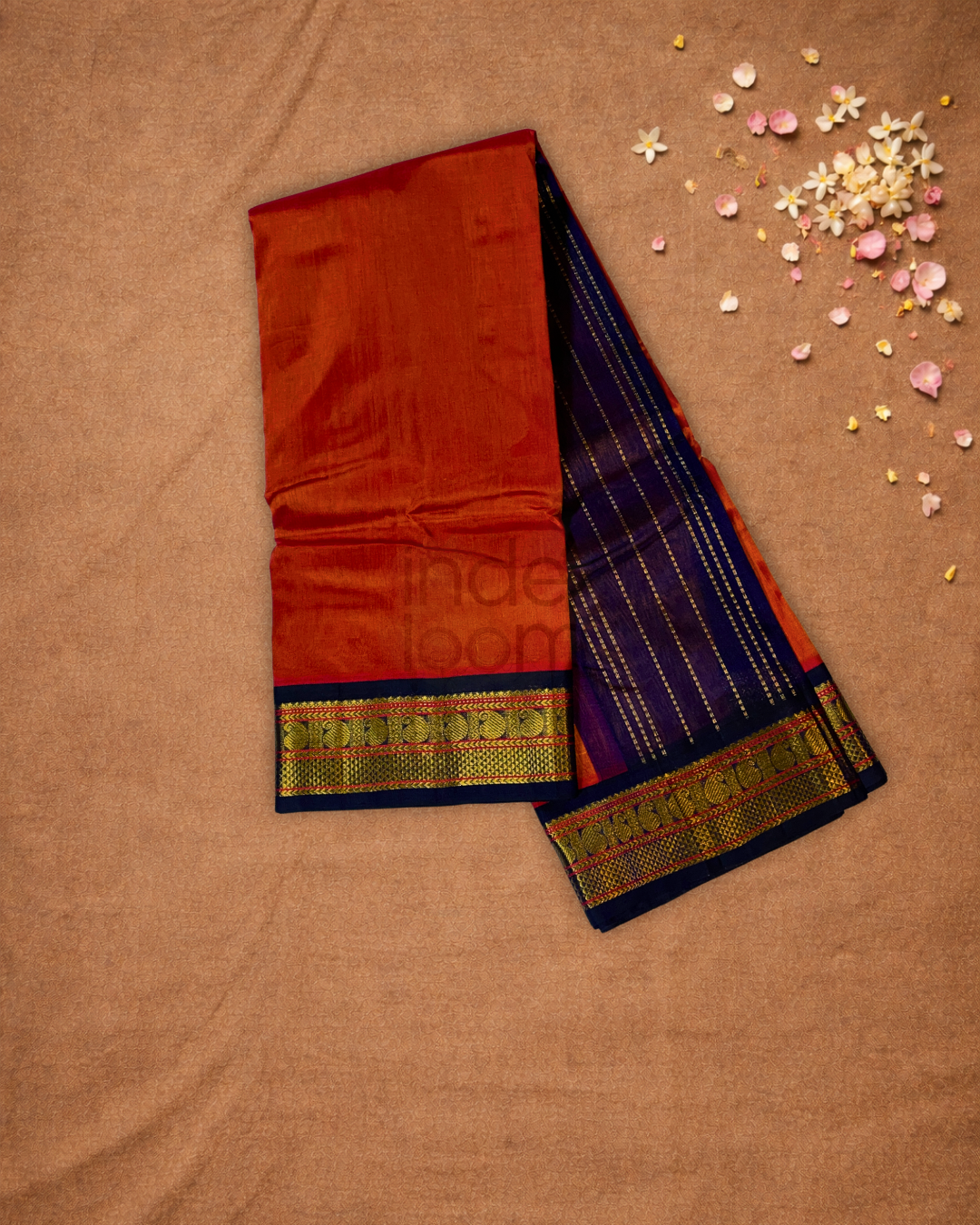 Handloom Korvai Silk Cotton Saree  |  Burnt Orange