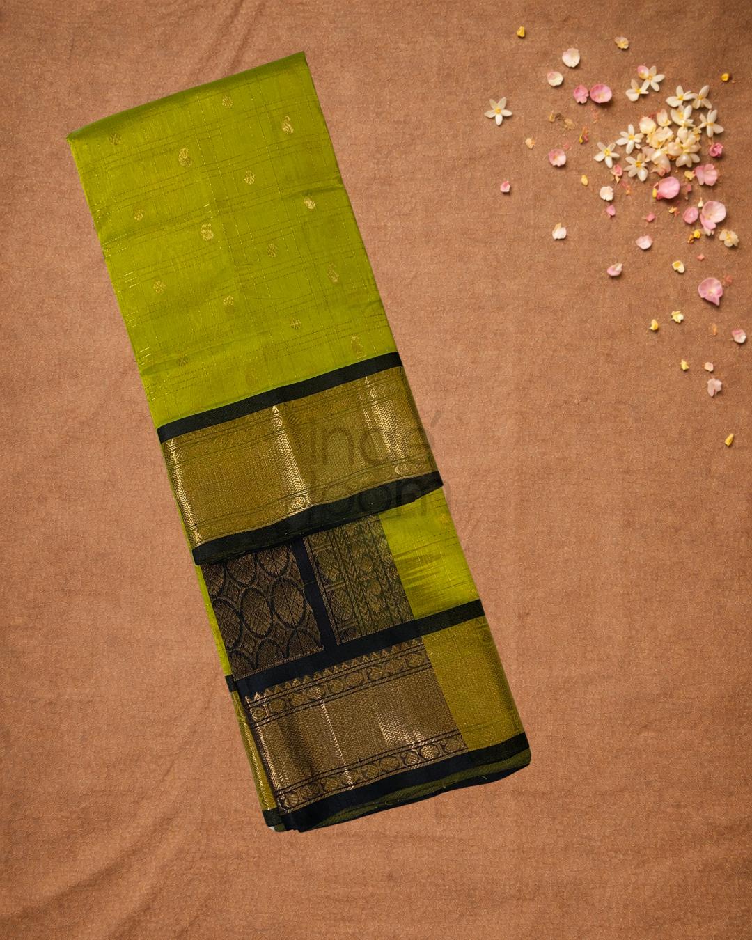 Handloom Korvai Silk Cotton Saree  |  Lime Green