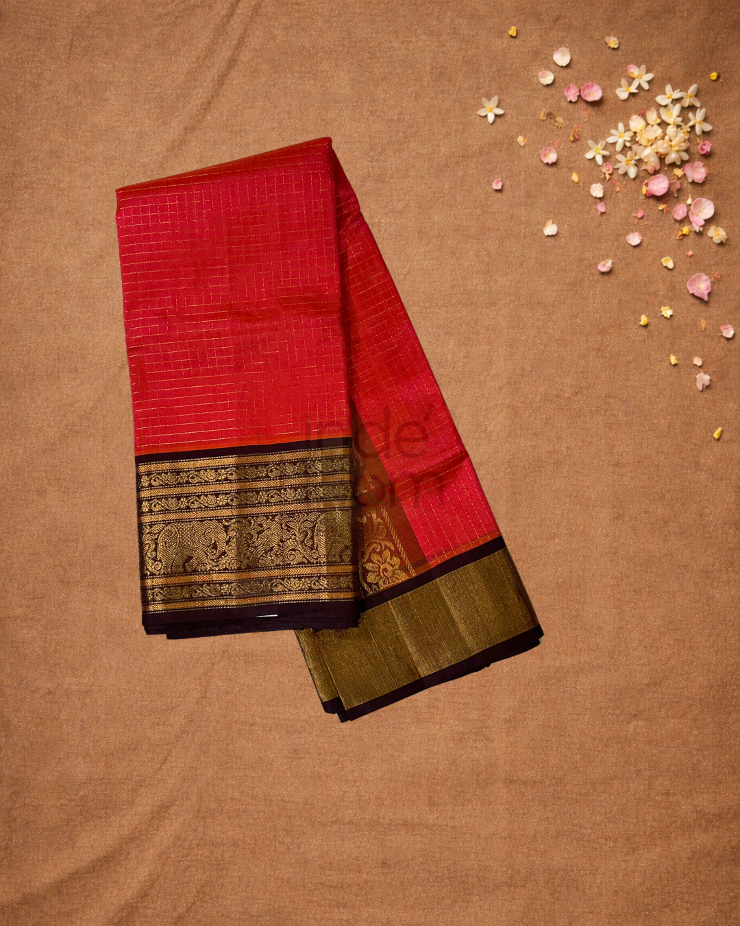 Handloom Korvai Silk Cotton Saree  |  Coral Red