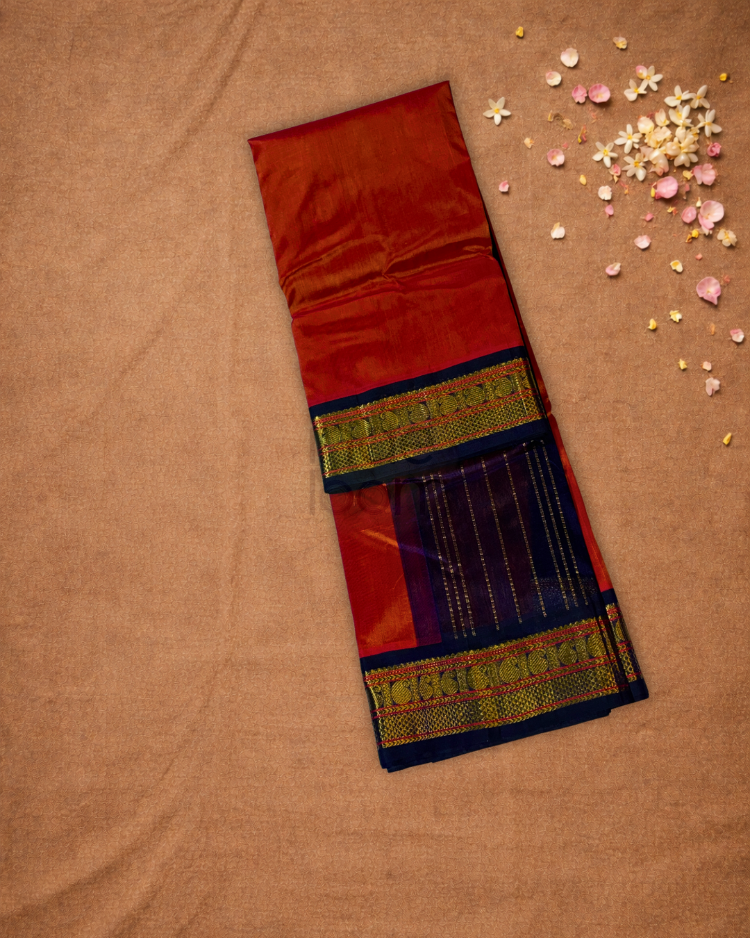 Handloom Korvai Silk Cotton Saree  |  Burnt Orange