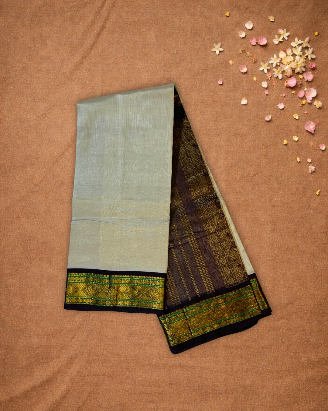 Handloom Korvai Silk Cotton Saree  |  Warm Ivory