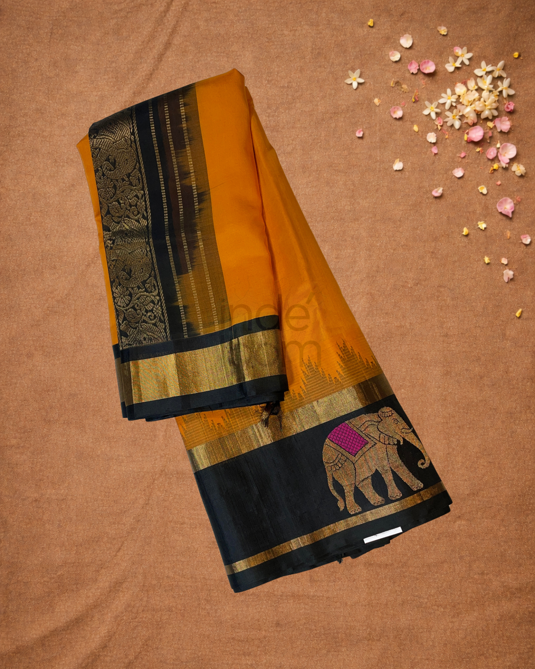 Pure Handloom Korvai Saree | Honey Yellow and Coal Black