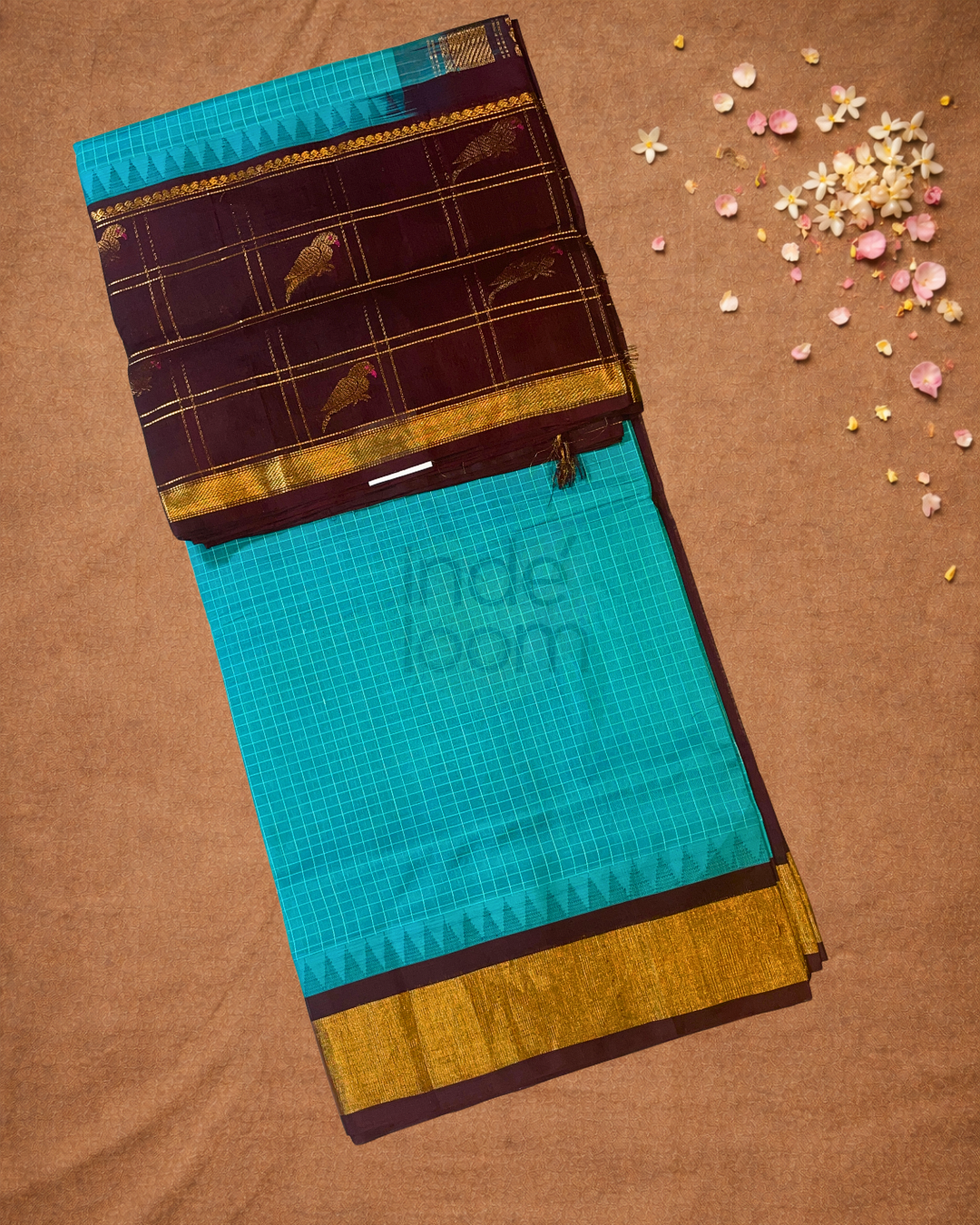 Pure Handloom Korvai Saree | Parrot motifs On Zari Checks | bright Blue