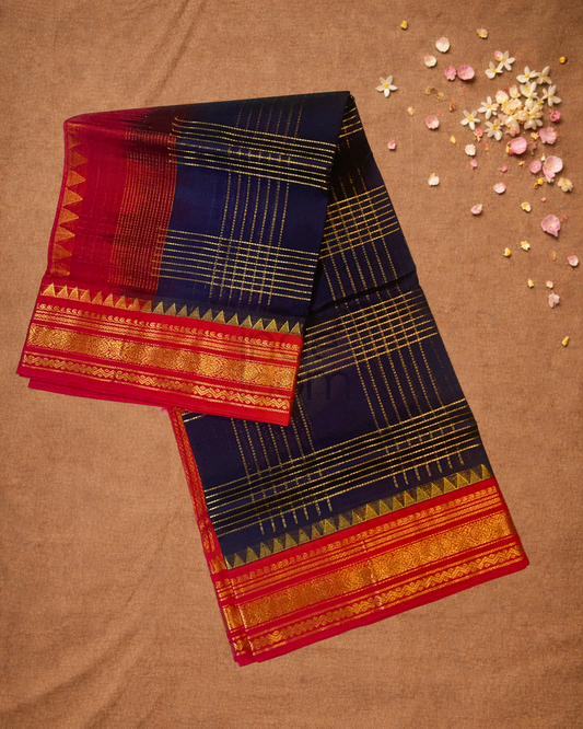Handloom Korvai Silk Cotton Saree  |  Steel Blue
