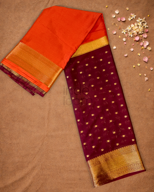 Mysore Silk Saree Plum Purple with Coral Orange