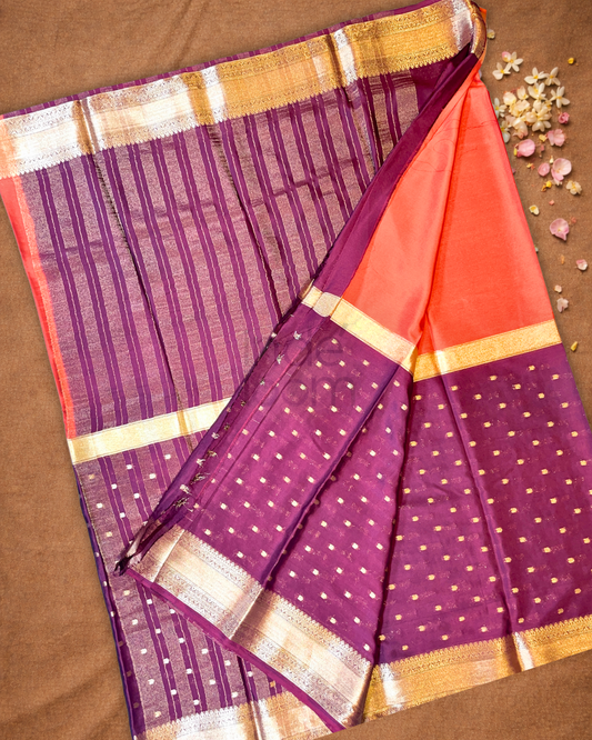 Mysore Silk Saree Plum Purple with Coral Orange