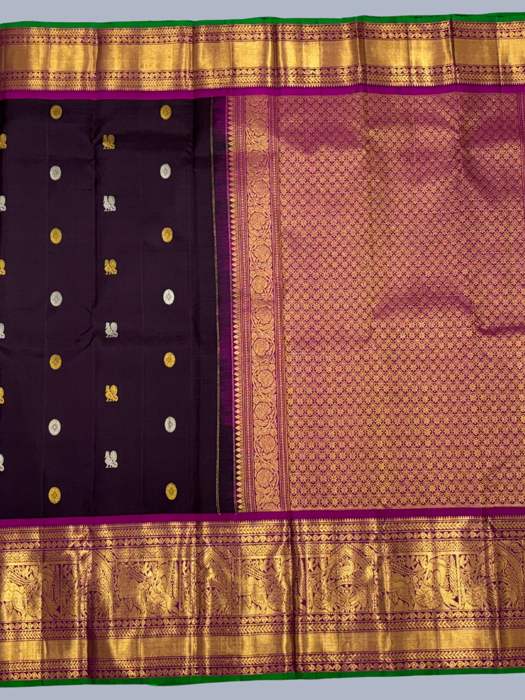 Pure Handwoven Gadwal Silk Saree In Off Black -210