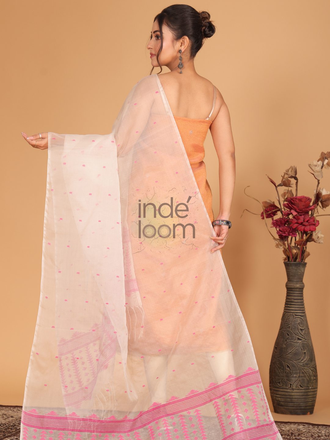 Pure Handloom Muslin Jamdani Dupatta With Light Pink - 003