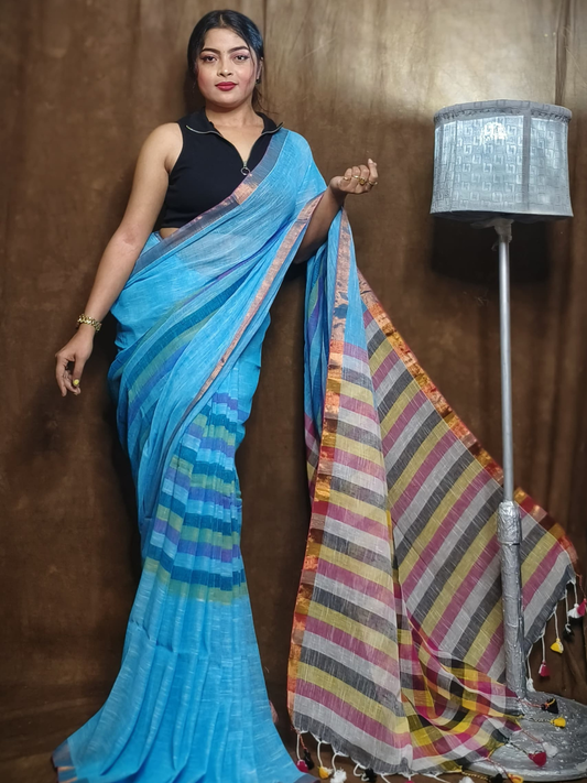 Pure Handloom Linen Saree | Cyan Teal