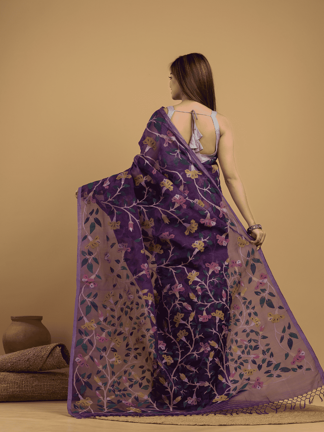 Hand Made Jamdani Saree With  Royal Purple - 036