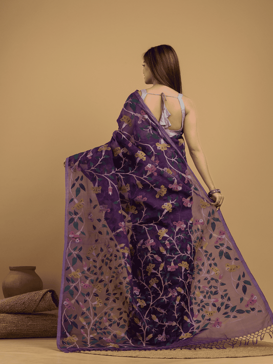 Hand Made Jamdani Saree With  Royal Purple - 036