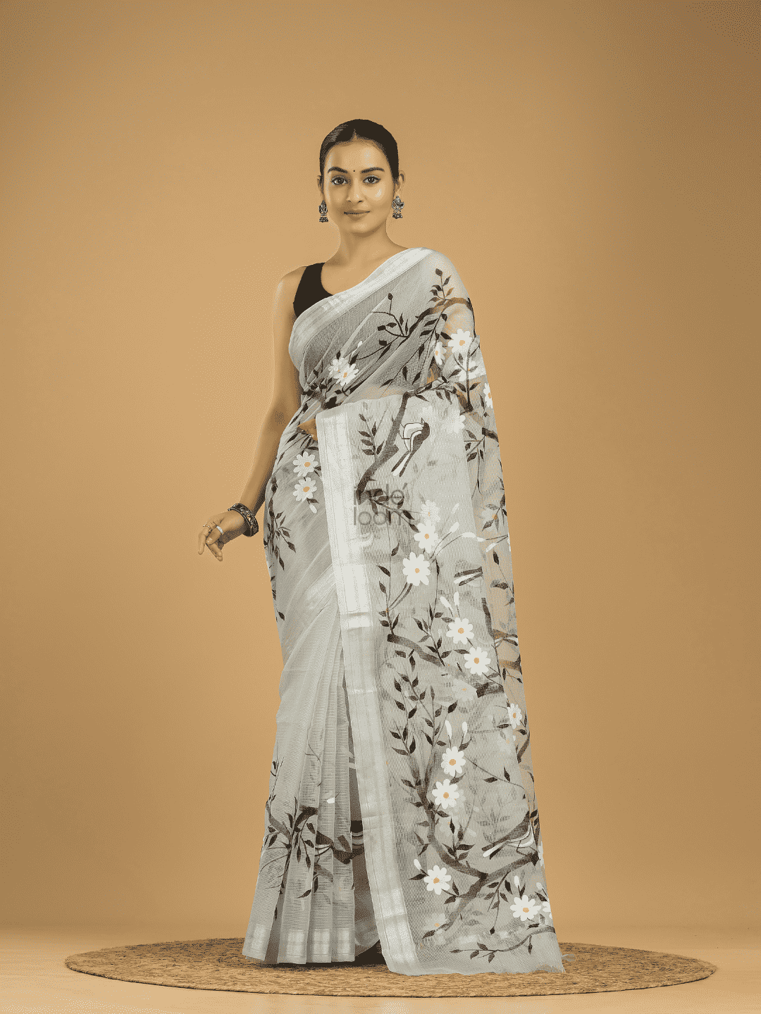 Kota Doria Handpainted Saree With Space Black - 002 - indeloom