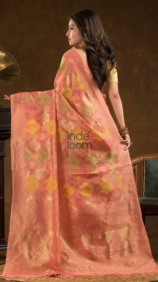 Floral woven design Silk blend Jacquard Saree | Peach Pink