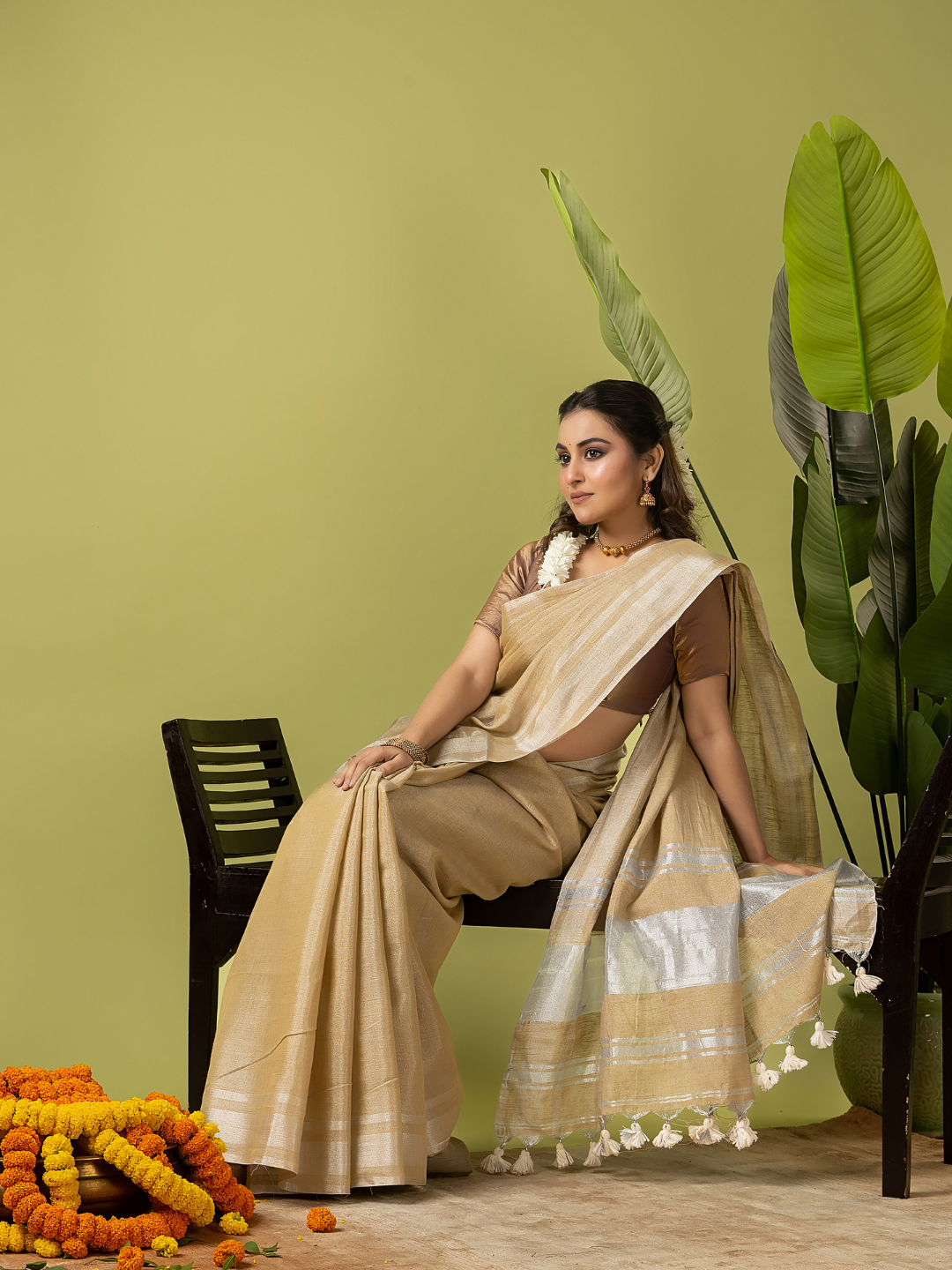 Pure Handloom Linen Saree | Khaki Golden Green  and Green | Half and Half style with Contrast Border