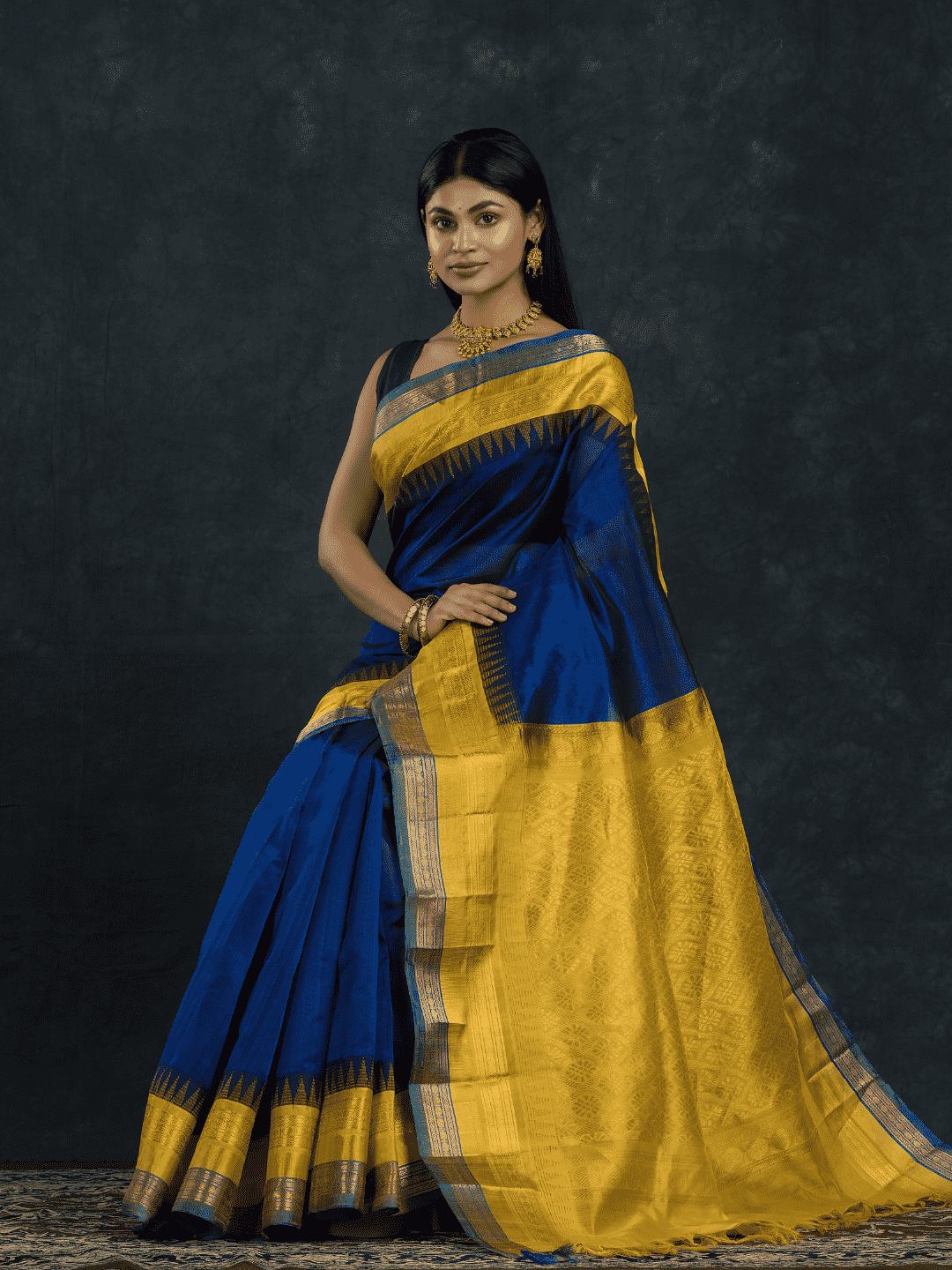 Pure Handloom Korvai Saree | Regal Blue and bright Yellow