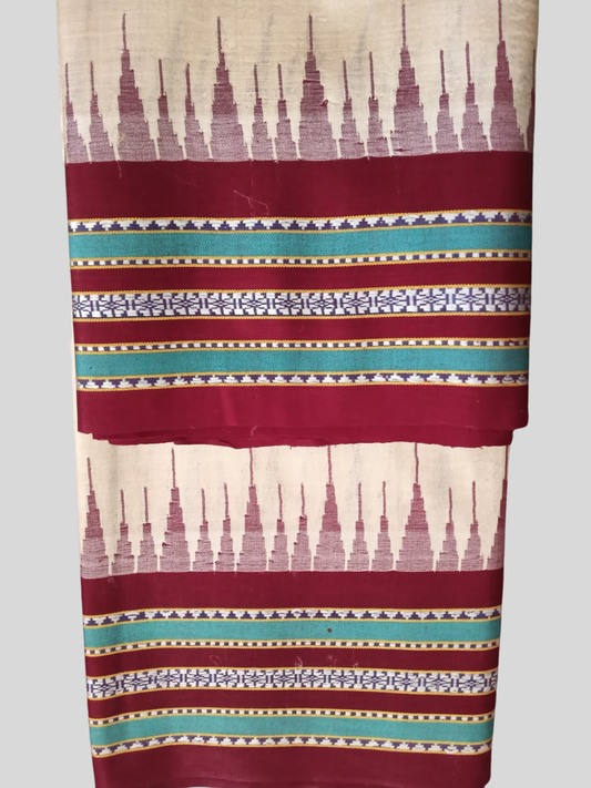 Dark Maroon  Handloom Vidarbha Tussar Silk Saree with Multicolor Contrast Border -010