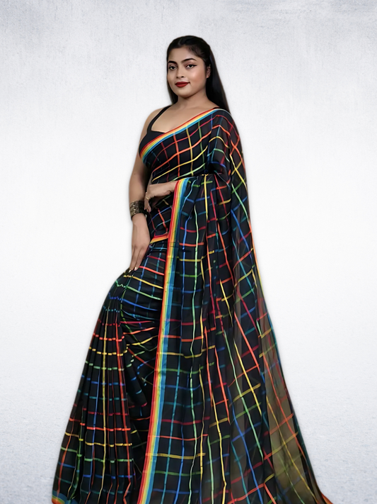 Mul Cotton Checks Saree With Smoke Black - 016