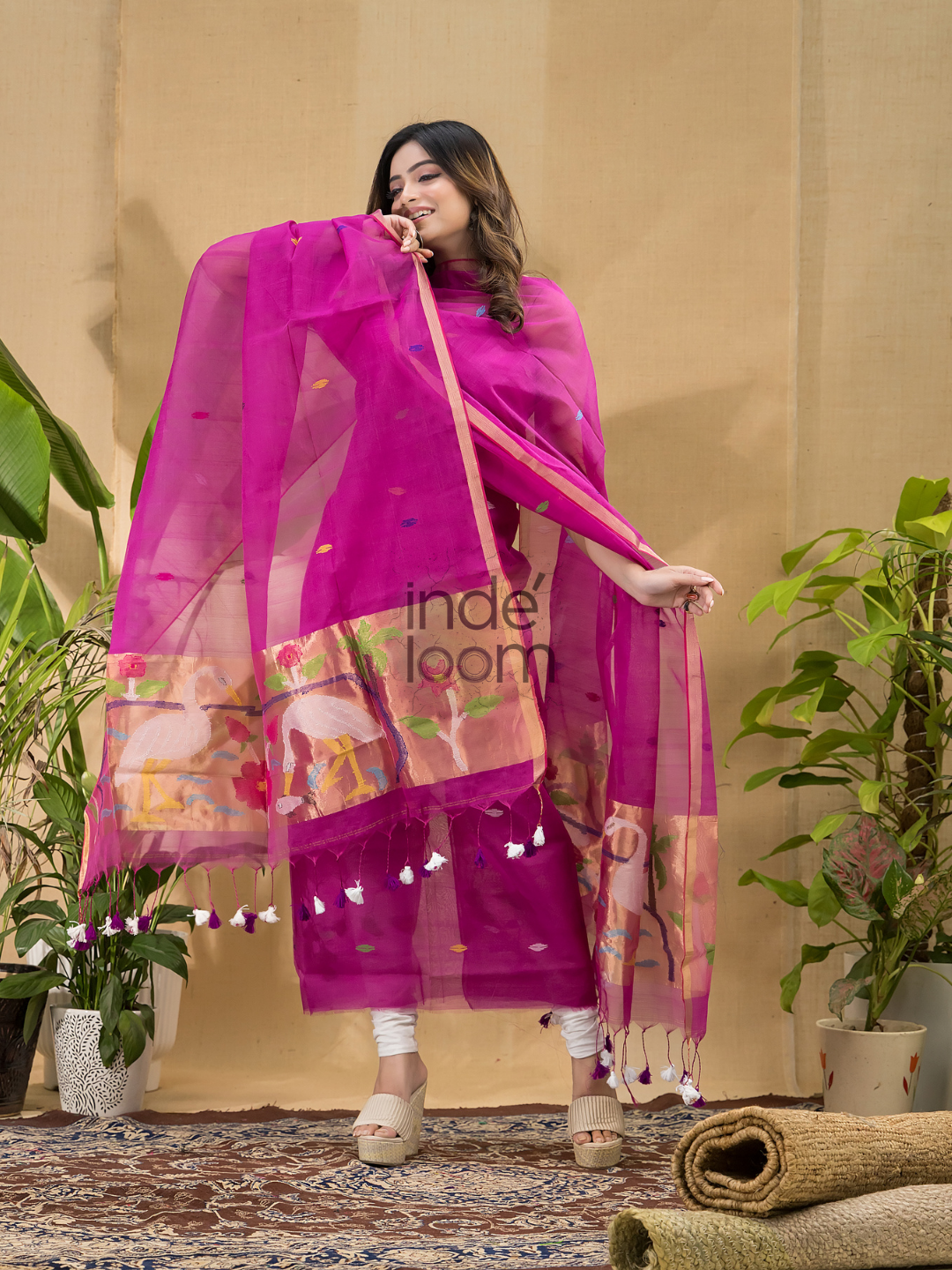 Hot Pink Jamdani 2-Piece Set Kurti & Dupatta (UNSTITCHED) -694