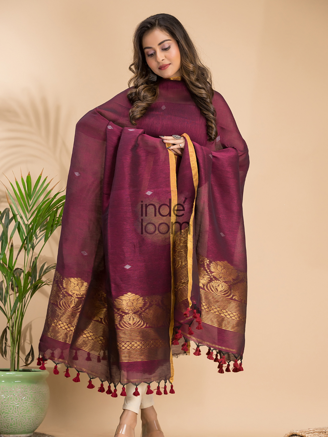Maroon Cotton Linen 2-Piece Set Kurti & Dupatta (UNSTITCHED) - 001