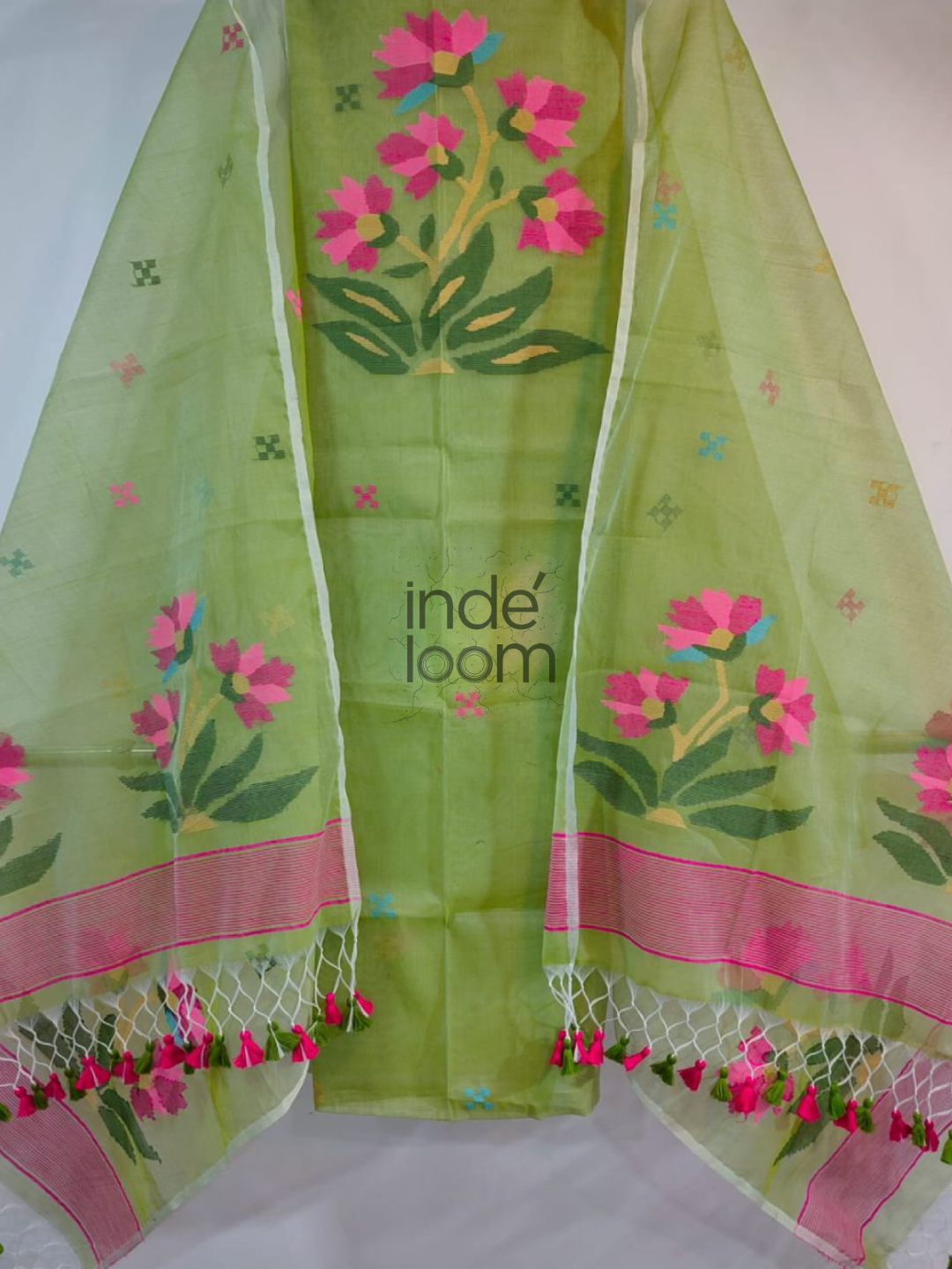 Lime Green Jamdani 2-Piece Set Kurti & Dupatta (UNSTITCHED) -618