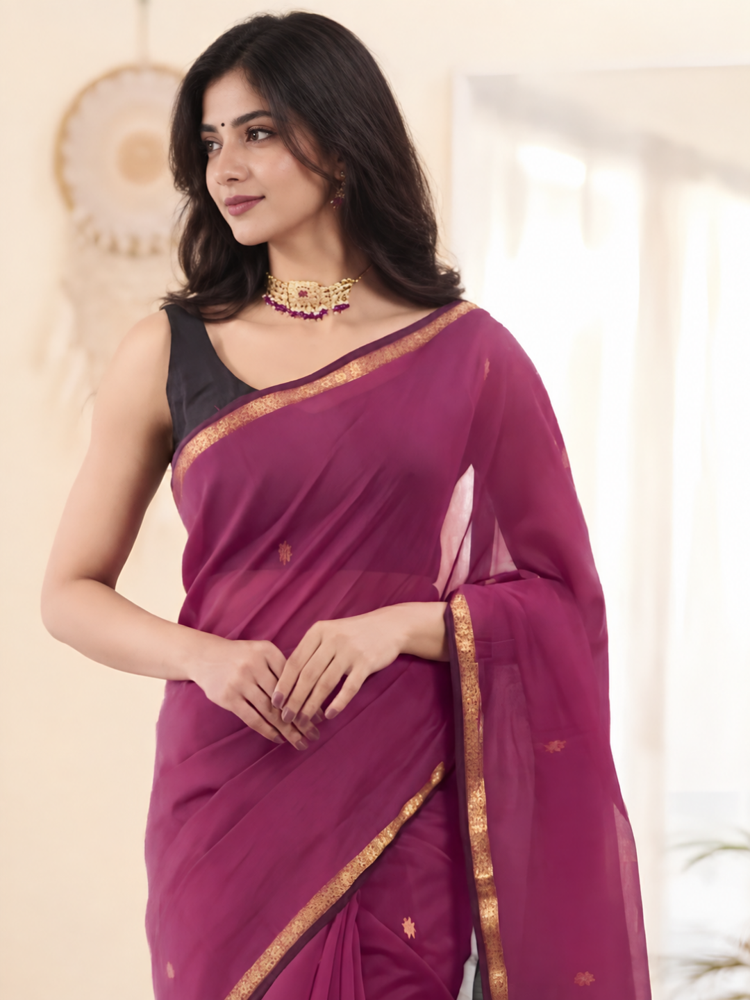 Maheshwari Silk Cotton Saree – Festive Elegance | Magenta Pink