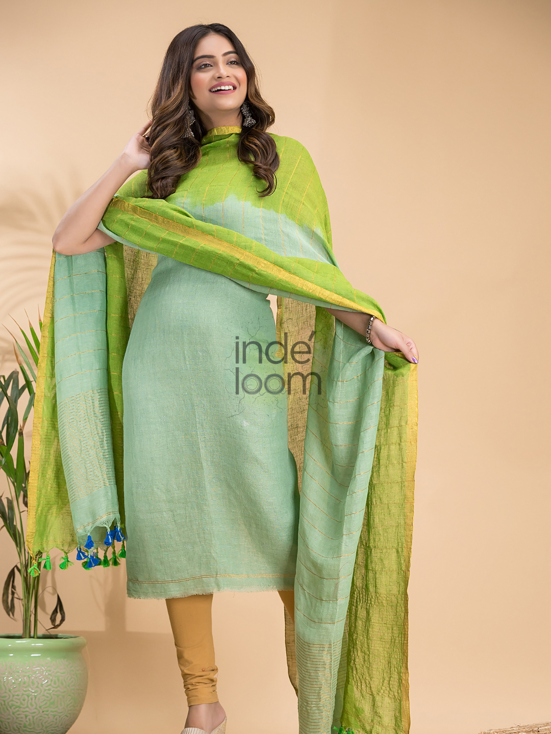 Pastel Green Handloom Linen X Linen 2-Piece Set Kurti & Dupatta (UNSTITCHED) - 861