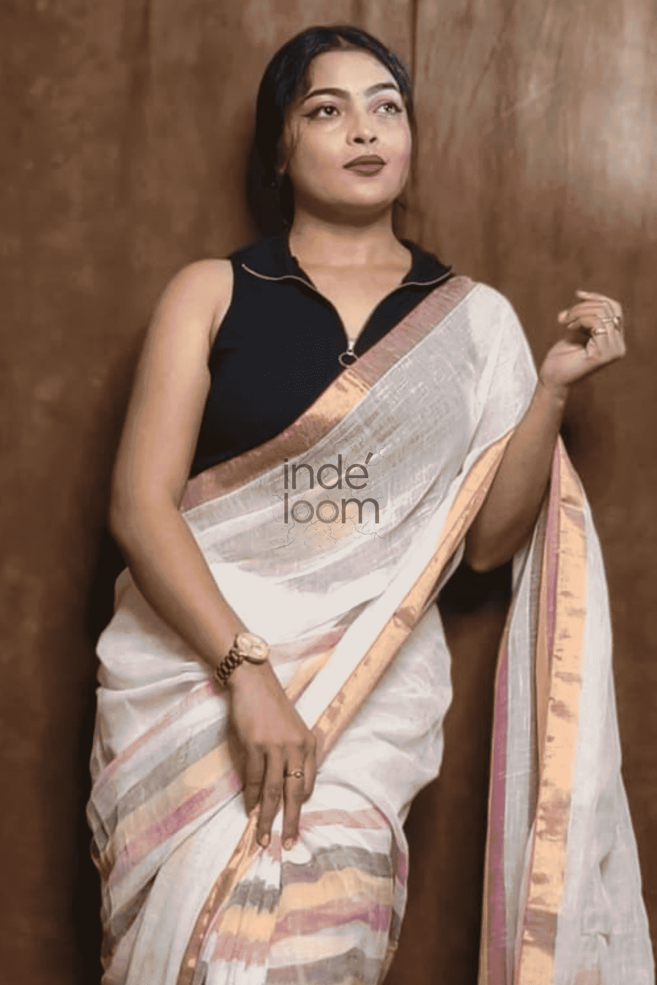 Handloom Linen Checks Saree with Multi Color Stripe Design-001 - indeloom