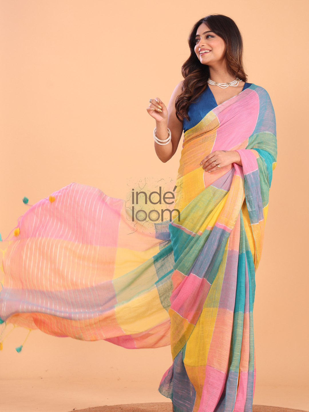 Linen Checks Saree With Pink Yellow Blue - 133