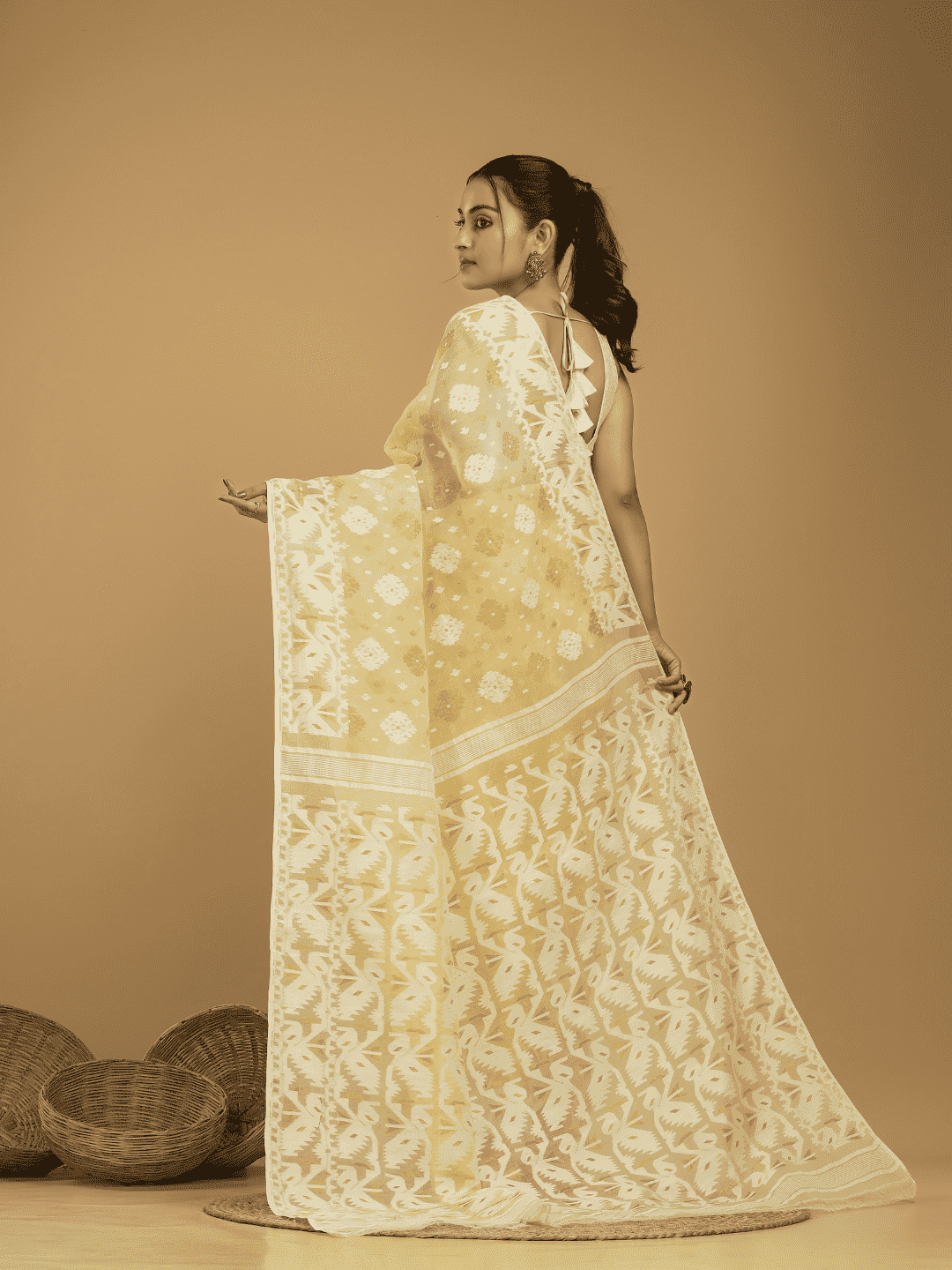 Pale Yellow Cotton Silk Jamdani Saree - 021