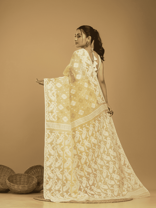 Pale Yellow Cotton Silk Jamdani Saree - 021