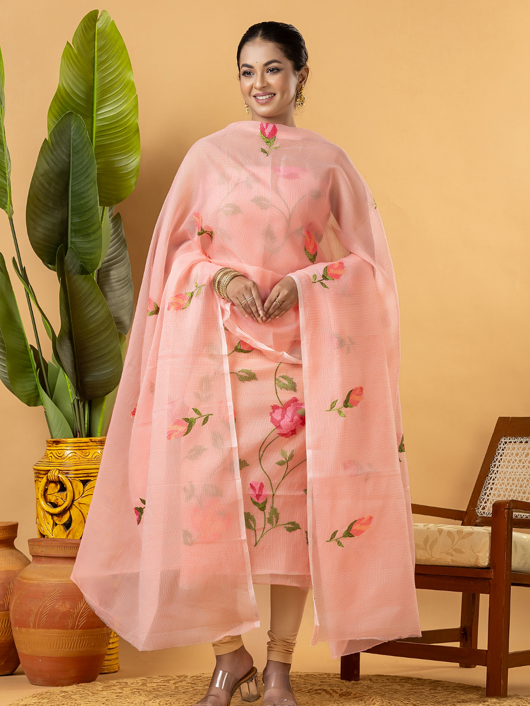 Classic Kota Doria Cotton Unstitched 2-Piece Kurti | Peach