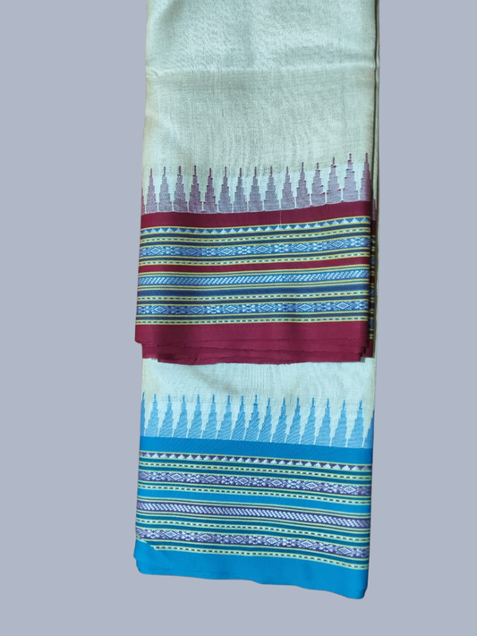 Blue & Ruby Red Handloom Vidarbha Tussar Silk Saree with Multicolor Contrast Border -005