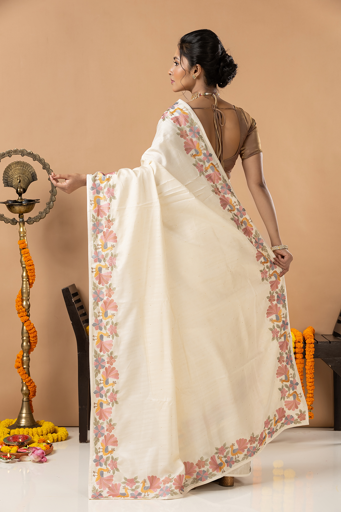 Fancy Semi Silk Saree | White | Plain Body with Floral border