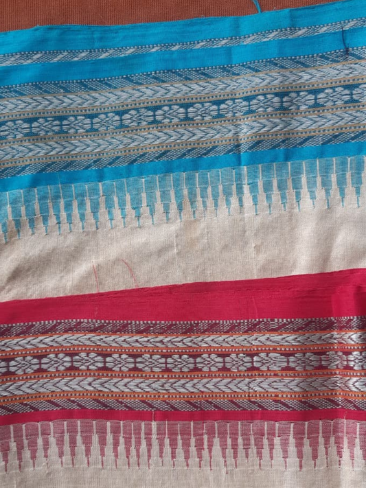 Sky Blue and Red Handloom Vidarbha Tussar Silk Saree with Multicolor Contrast Border -007
