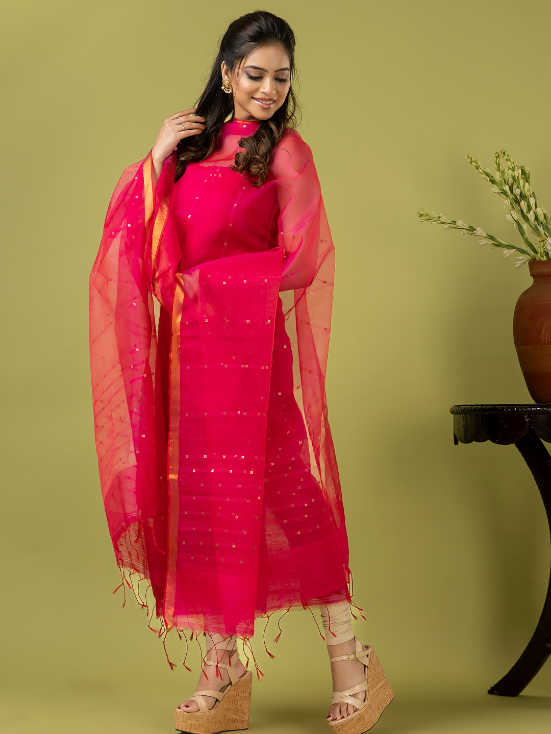 Handwoven Jamdani Muslin Unstitched 2-piece Kurti | Hot Pink
